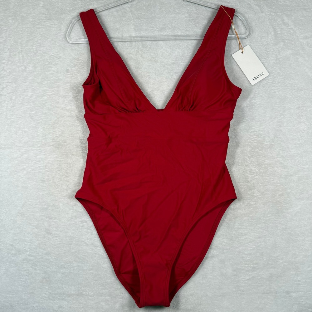 Quince Womens Red V-Neck Ruched‎ One-Piece Swimsuit Size M Recycled Polyamide